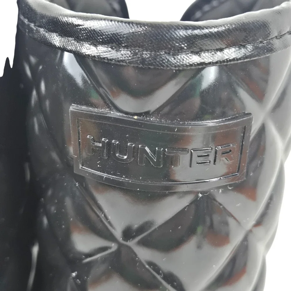 Hunter Refined Quilted Gloss Rain Boots, Adjustable Mid-Calf Black US 8, EU 39